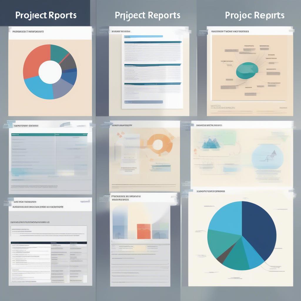 Các loại báo cáo quản lý dự án: Minh họa các loại báo cáo khác nhau như báo cáo tiến độ, báo cáo rủi ro, báo cáo ngân sách.