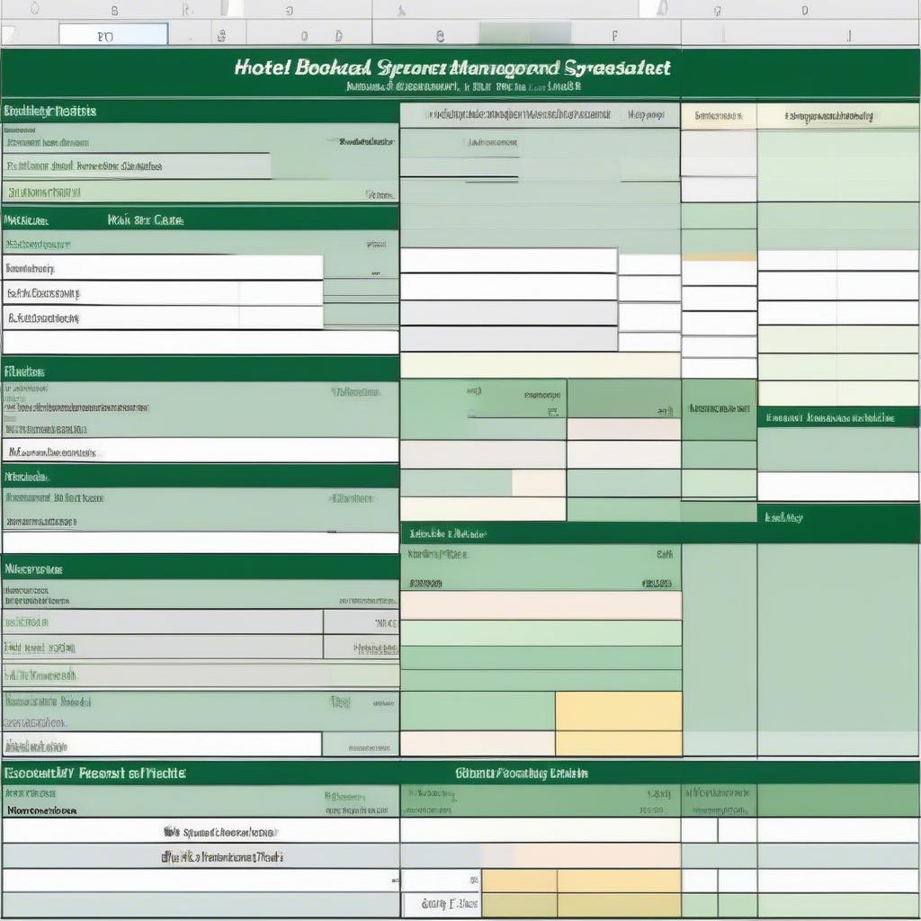 Quản lý đặt phòng khách sạn bằng Excel: Giao diện mẫu Excel với các cột thông tin khách hàng, ngày đến, ngày đi, loại phòng, giá phòng, trạng thái thanh toán.